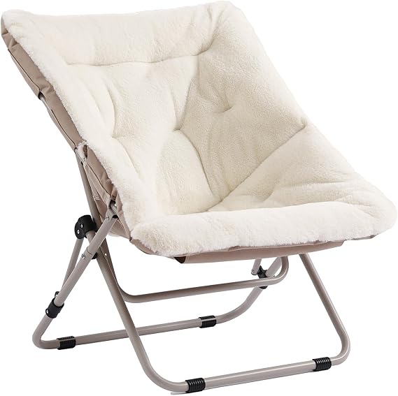 Furlide Saucer Chair, Comfy Bedroom Chairs, Oversized Folding Faux Fur Chair, Foldable Metal Frame Chair for Living Room, Balcony, Patio, Study, Playroom (Beige) | Soft Faux Fur Comfy Accent Reading Chair with Sturdy Metal Frame for Bedroom, Dorm, Living Room,Beige
