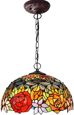Vintage Rose Ceiling Pendant Lamp for Dining Room Retro Art Stained Glass Pendant Light Fixture for Restaurant Bar Cafe Hallway Hanging Lighting,16inch