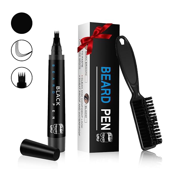 Beard Pencil with Beard Brush Long-lasting & Water-proof Grooming Kits for Mens, Gifts for Him (Black)