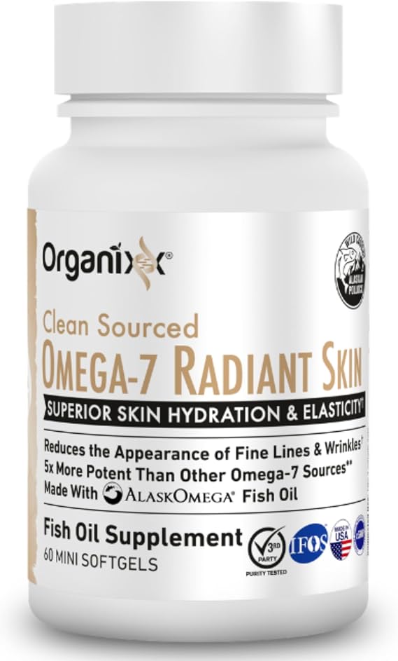 Organixx Clean Sourced Omega 7 Radiant Skin, Supplement for Men & Women, Fish Oil Softgels, Wild Caught Marine Omega 7 for Skin Hydration & Nail Care Support, Gluten Free, Non GMO, 60 Softgels