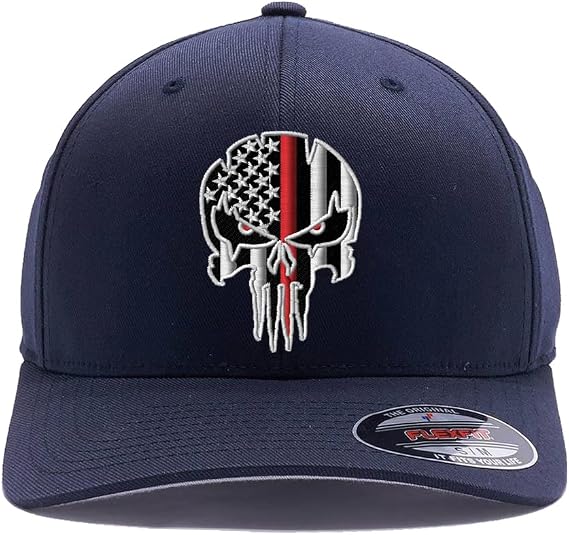Thin Red/Blue line Distressed Skull American Flag Flex Fitted hat, Custom Embroidered, Flex Fitted Baseball Cap
