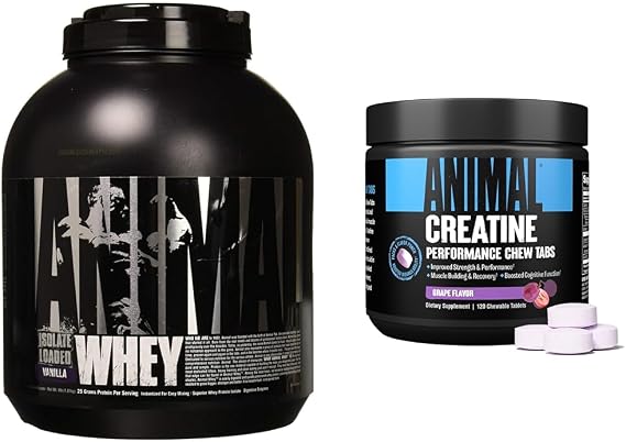 Animal Whey Isolate Whey Protein Powder Isolate Loaded for Post Workout and Recovery & Creatine Chews Tablets - Enhanced Creatine Monohydrate with AstraGin to Improve Absorption