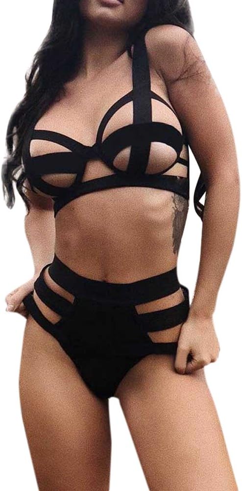 Sexy Strappy Lingerie Bra and Panty Set, Womens Cage Bra Body Harness Cut Out Bondage Lingerie Push Up Underwear