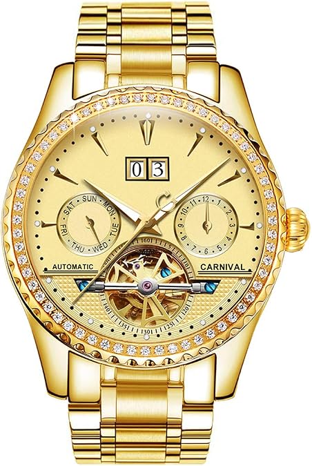 Carnival Mens tourbillon Multifunction Calendar Sapphire Full Gold Automatic Waterproof Watches