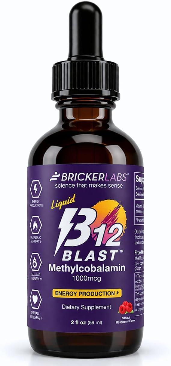 Bricker Labs B12 Blast Methylcobalamin 1000mcg, Great Tasting Sublingual Liquid Energy Vitamins -Vegan B12 Vitamins, Sustained Energy and Cellular Energy Supplement - 59-Day Servings