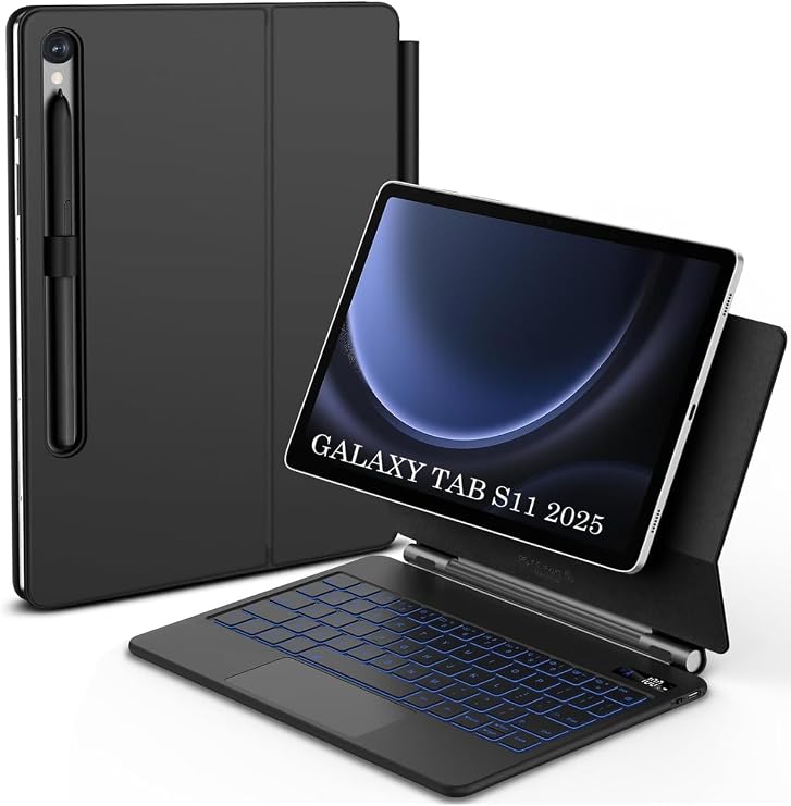 m.tk moveteck Samsung Galaxy Tab S11 ile Uyumlu Keyboard Touchpad, RGB Işıklı Manyetik Klavyeli Kılıf, Siyah