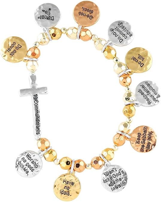 Dicksons Ten Commandments Cross with Charms Silver-Plated Women's Stretch Bangle Bracelet