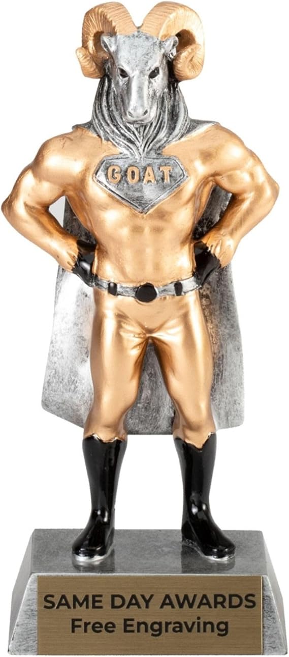 Classic Superhero Goat Trophy | Free Engraving, 3 Lines of Text, 7 Inches Tall, Full Color Resin Award, Metallic Gold and Silver