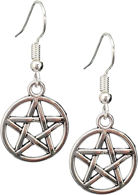 Pentagram Pentacle Antique Silver Charm Earrings for Women | Handmade, Wiccan Goddess, Occult Pagan Protection, Everyday Minimal Dangle Jewelry