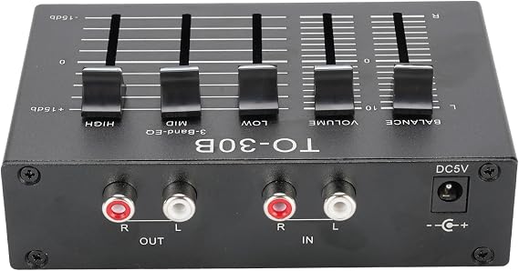 LICAEVEY Mini Phono Turntable Preamp, EQ 2 Channel Digital Sound Equalizer, 3 Band 12dB Tone Adjustment Balanced Volume Control 5V Adapter for Record Player
