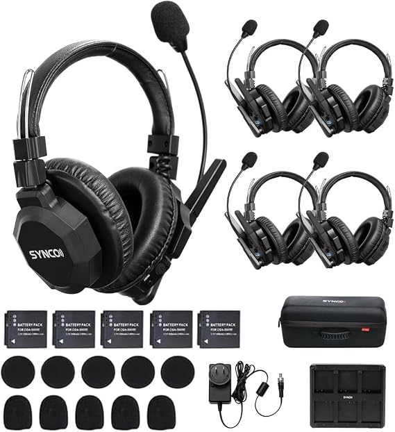 SYNCO XTalk XMax5 Wireless Intercom Headset System with Dual-Ear Design Telephone Headsets System Random Master Device,2.4GHz Full Duplex 500 m/1640 ft for 5-Person Team Communication