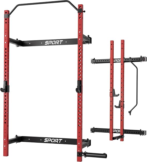 Folding Squat Rack, 1000LBS Capacity Wall Mounted Squat Rack, 2.36"x2.36" Foldable Squat Rack for Home Gym with Pull Up Bar, J Hook, Landmine