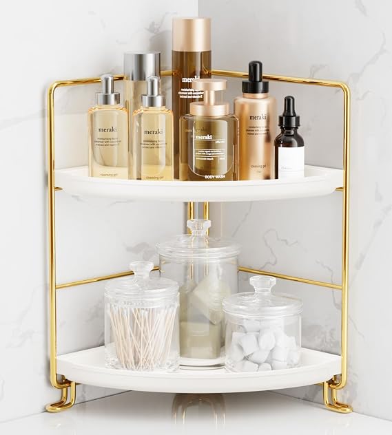 FSyueyun 2-Tier Corner Bathroom Counter Organizer, Vanity Tray, Gold