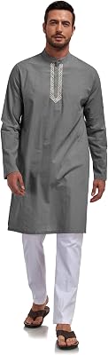 Jacansi Mens Kaftan Thobe Button Down Casual Cotton Long Sleeve Robe Linen Muslim Gown Kurta Caftan with Pocket