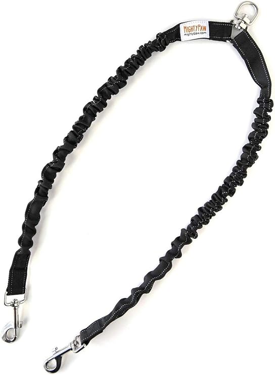 Mighty Paw Double Dog Leash - Force Absorbing Bungee Design - Two Dog Leashes Splitter - Walking Two Pets - 2 Pet Tangle Free - Pet Splitter (Lite | 30-100 lbs | No Handle, Black)