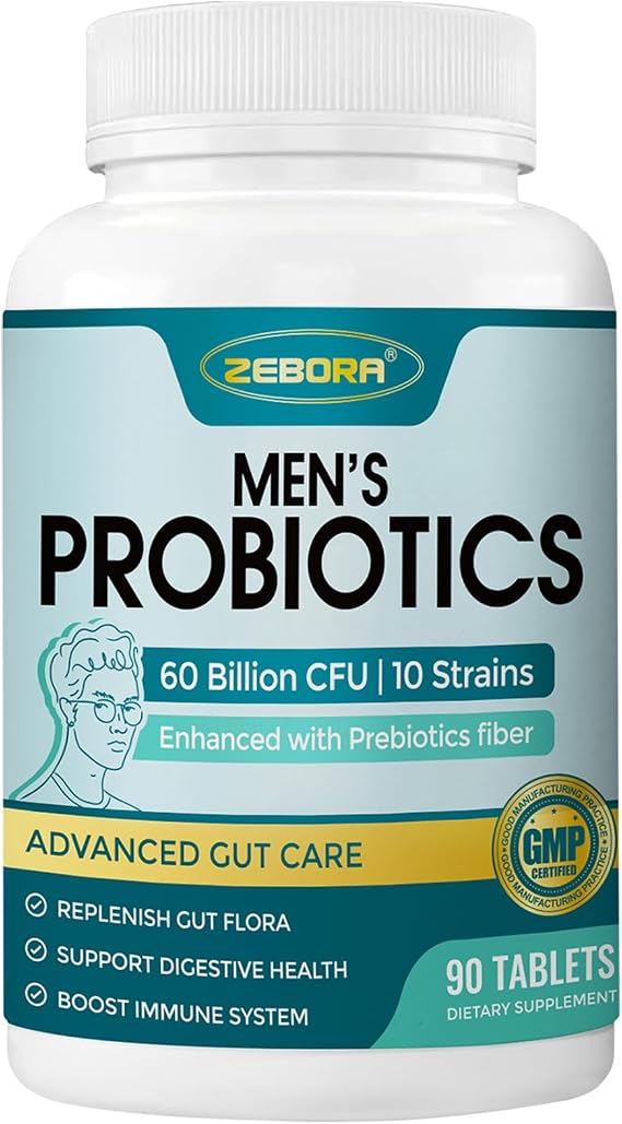 ZEBORA Probiotics for Men Digetstive Health, 60 Billion CFU, 90 Tablets | 10 Probiotic Strains and Prebiotics for Gut health & Immune, delayed-release technology, Shelf Stable, Gluten & Soy Free