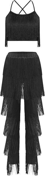 JanJean Women's Latin Tassel Dance top and Fringe Pants 2 Piece Sets Modern Salsa Ballroom Outfits