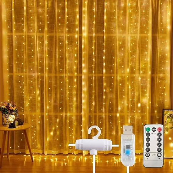 3x3 Metre Perde Led Işık, 300 Ledli 10 Sarkıtlı Dekoratif Peri Led, Uzaktan Kumandalı ve 8 Fonksiyonlu, USB Girişli Günışığı (Sarı) Duvar ve Perde Aydınlatması [Enerji Sınıfı A]