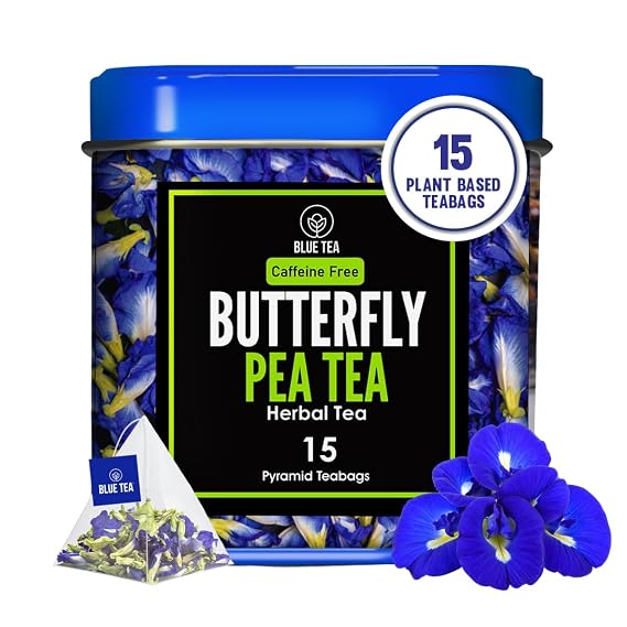 BLUE TEA - Butterfly Pea Flower Tea - 15 Count - Pyramid Plant Based Tea Bag | ANTIOXIDANT RICH | Herbal Tea - Caffeine Free - Detox Tea - Flower Based - Non Bitter | Reusable Tin Pack