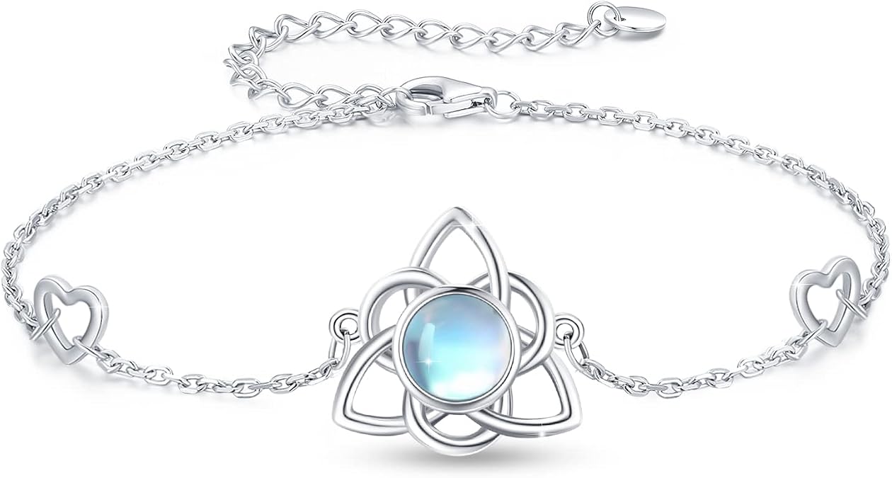 Moonstone Bracelet for Women Celtic Knot Bracelets Sterling Silver Hypoallergenic Piercing Tiny Small Rainbow Trinity Good Luck Irish Lucky Jewelry Gifts for Mother