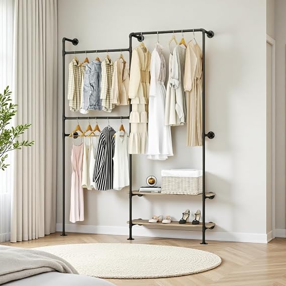 KaKaBB Industrial Pipe Wall-Mounted Clothing Rack with Double Hanging Rods & Shelves - Heavy Duty Storage for Wardrobe, Bedroom, Walk-In Closet (Black)