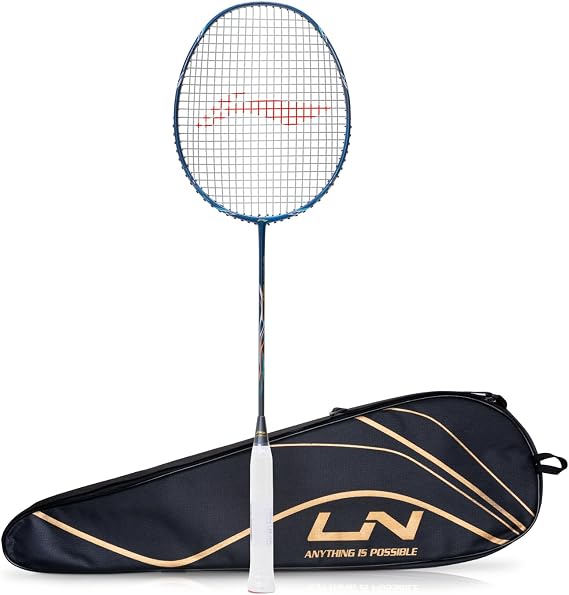 Li-Ning Wind Lite 800 II Carbon Graphite Badminton Strung Racket with Full Racket Cover (Navy/Dark Grey)