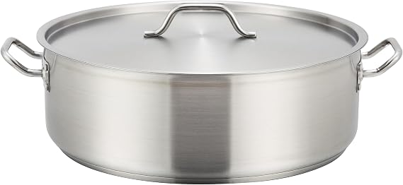 Winco 15 qt Stainless Steel Brazier Pan with Lid | Flat bottom, Wide base, Riveted handles, Induction safe, Great for Braising, Simmering, Batch Cooking and Restaurant Kitchens