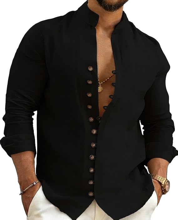 BIRW Mens Long Sleeve Shirt Button Down Loose Fit Vintage Shirts Banded Collar High Elastic Tops Henley Shirt