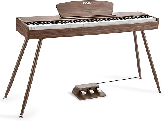 Donner DDP-80 Electric Piano 88 Keys Weighted Piano, Hammer Mechanism II, Home Digital Pianos Full Size Keyboard with Stand, Triple Pedal, USB MIDI and Headphone Jack, Walnut Wood Colour