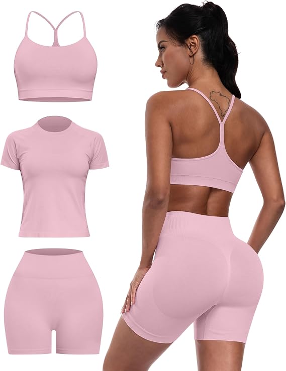 Women 3 Piece Workout Sets Seamless Running Tops Athletic Gym Yoga Short Y Back Sports Bras Outfits