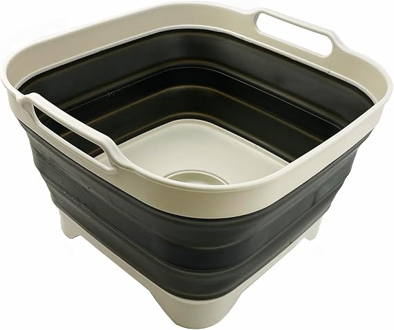 SAMMART 10L (2.6 gallons) Collapsible Plastic Dishpan with Draining Plug - Foldable Washing Tub - Portable Dish Washing Basin - Pop Up Saving Kitchen Storage (Grey/Washed Black)