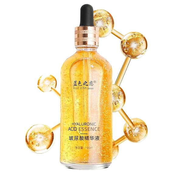 BLUE LOVE 24K Gold Foil Hyaluronic Acid Serum for Women & Man - Essence for Deep Moisturization and Dark Spot Reduction - Radiant Skin Care Solution, 3.38 fl oz