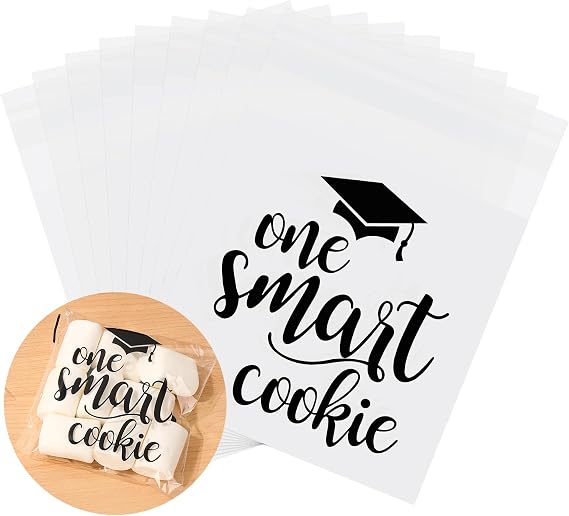 Whaline 320 Pcs 2026 Graduation Self Adhesive Treat Bags One Smart Cookie Cellophane Gift Bags Clear Candy Bag Plastic Goodie Bag for Congrats Grad Party Snack Cookie Packing Supplies