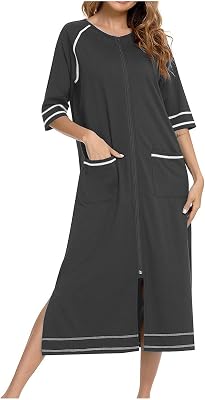 Women Robe Zipper Front House Coat 34 Sleeve Nightgown Full Length Ladies Lounge Dress with Pockets Solid Color