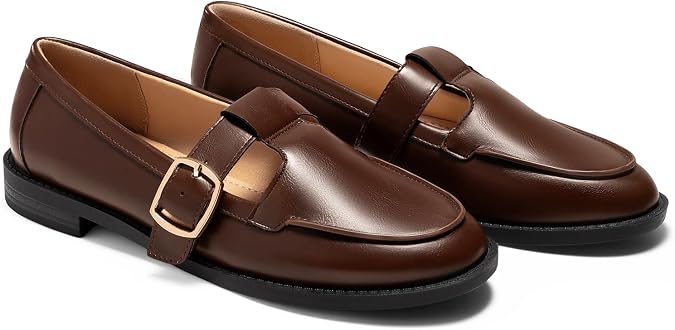 Coutgo Womens Slip On Loafers T-Strap Closed Round Toe Flats Comfortable Work Business Dress Shoes