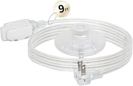 9 Ft Clear Extension Cord Indoor Thin with Foot Switch, 3 Outlets,Flat Plug