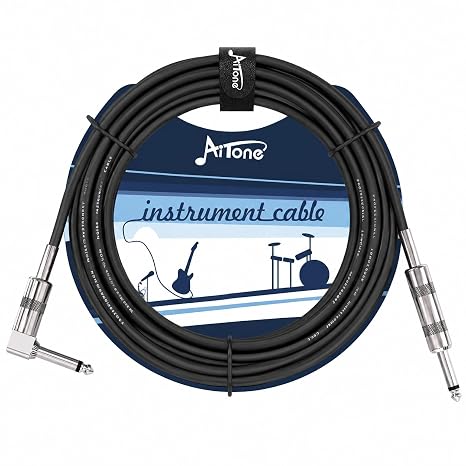 AITONE 15 Feet Instrument Cable 1/4 (6.35mm) Right-Angle TS Audio Mono Cord for Guitar, Bass, Keyboard, Amplifier & Pedals Low Noise, Black (A-C12)
