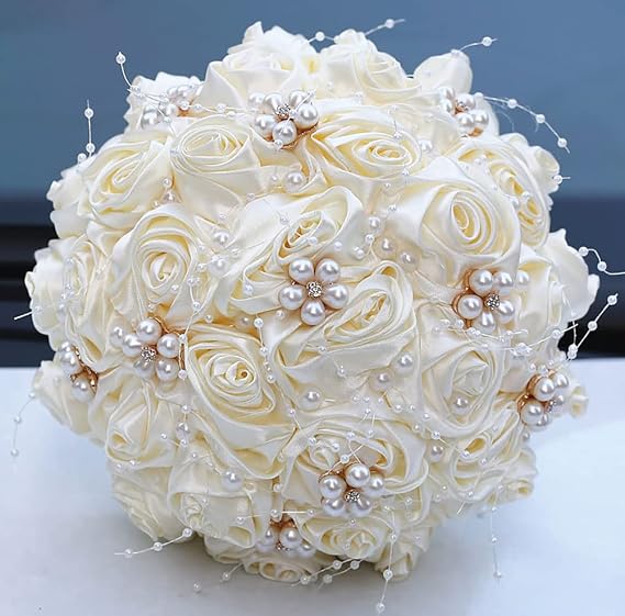 Sharebeauty 9.4" Handmade Satin Rose Bridal Bouquet Toss Round Wedding Bouquet Throw Toss Artificial Flower Bunch Ivory