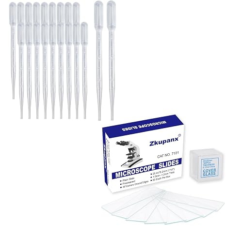 Zkupanx 20PCS Pipettes Droppers & 50 Slides & 100 Coverslips, Microscope Accessories for Experiments & Analyses