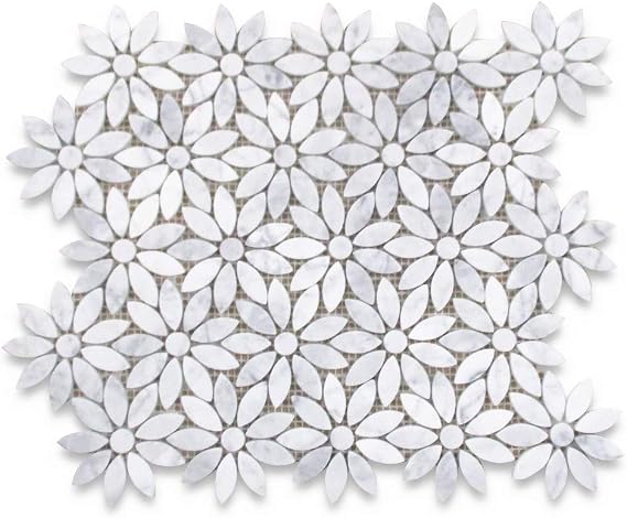 Stone Center Online Carrara White Marble Daisy Flower Pattern Mosaic Tile Honed Kitchen Bath Wall Floor Backsplash Shower (1 Sheet)