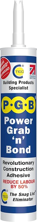 PGB Power Grab n Bond TRIBRID Technology Contact Adhesive - Strong Construction Bonding - Glass, Mirror & Tile Adhesive - Cartridge - Grey - 290ml