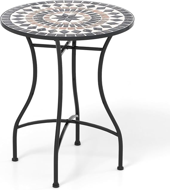 Giantex 24 Inch Patio Bistro Table, Mosaic Round Table w/Ceramic Tile Tabletop, Heavy-Duty Metal Structure, Outdoor Dining Table for Backyard, Garden, Porch (Black (Star Pattern))