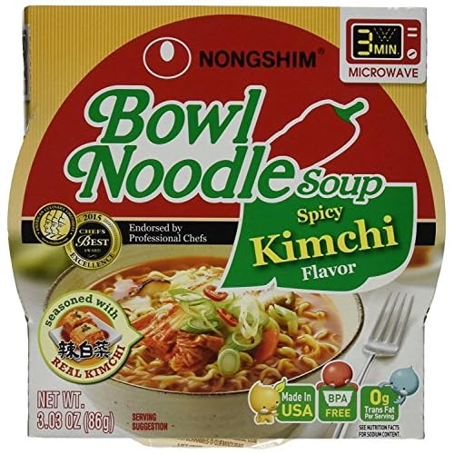 Nongshim Bowl Noodle Soup, Spicy Kimchi, 3.03 Ounce Pack of 18