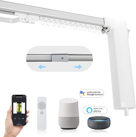 Smart Adjustable Curtains Rod System Electric Track with Remote Automated Retractable Rail Motorized Telescoping Length WiFi Motor compatible with Alexa/Google Home/APP (70" to 120")