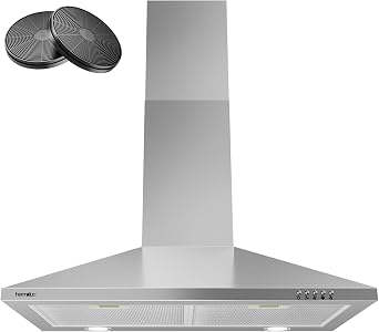 Hermitlux Range Hood 30 inch, Stainless Steel Wall Mount Vent Hoods for Kitchen with Charcoal Filter, Ducted/Ductless Convertible, 3 Speed Exhaust Fan, LED Light, Button Control