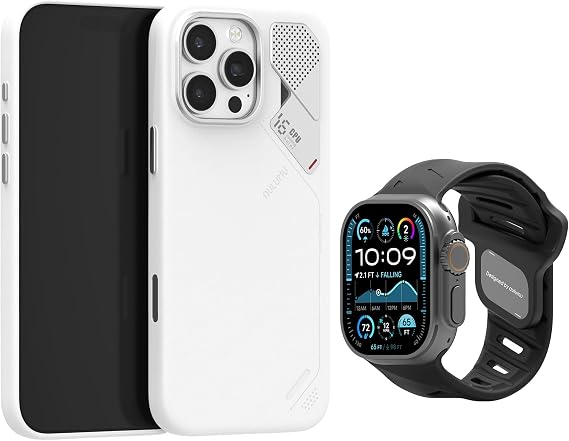 Aulumu A16 Vegan Leather [Touch White] for iPhone 16 Pro Max + A02 Fluoroelastomer Sports Watch Band [Black] for Apple Watch | Smart Wearable Kit