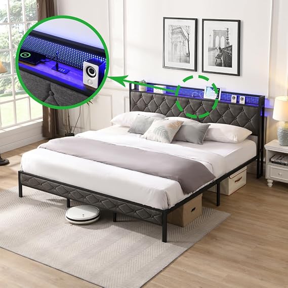 Bed Frame King Size with Charging Station and LED Lights, Upholstered Headboard with Storage Shelves, Heavy Duty Metal Slats, No Box Spring Need, Noise Free, Easy Assembly (Dark Gray, King)