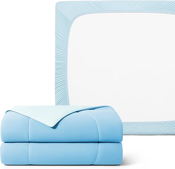 REST Buy 2 GET 30 Percent Off: Evercool Comforter Plus Fitted Sheet Bundle at 30% Discount, in Light Blue, King Size