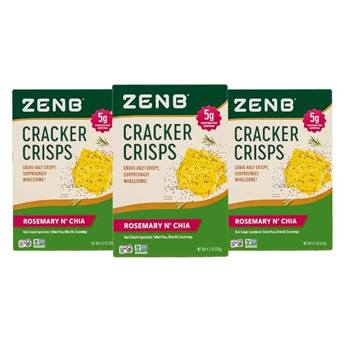 ZENB Cracker Crisps - Gluten Free Crackers Made From 100% Yellow Peas, Non-GMO, 5g of Protein & 3g of Fiber In Every 30g Serving - Rosemary N’ Chia - 4.2 oz Boxes Pack of 3