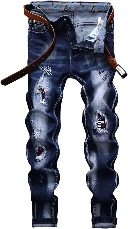 N//C Jeans Men Ripped Denim Pants Straight Slim Fit Regular Distressed Comfort Flex